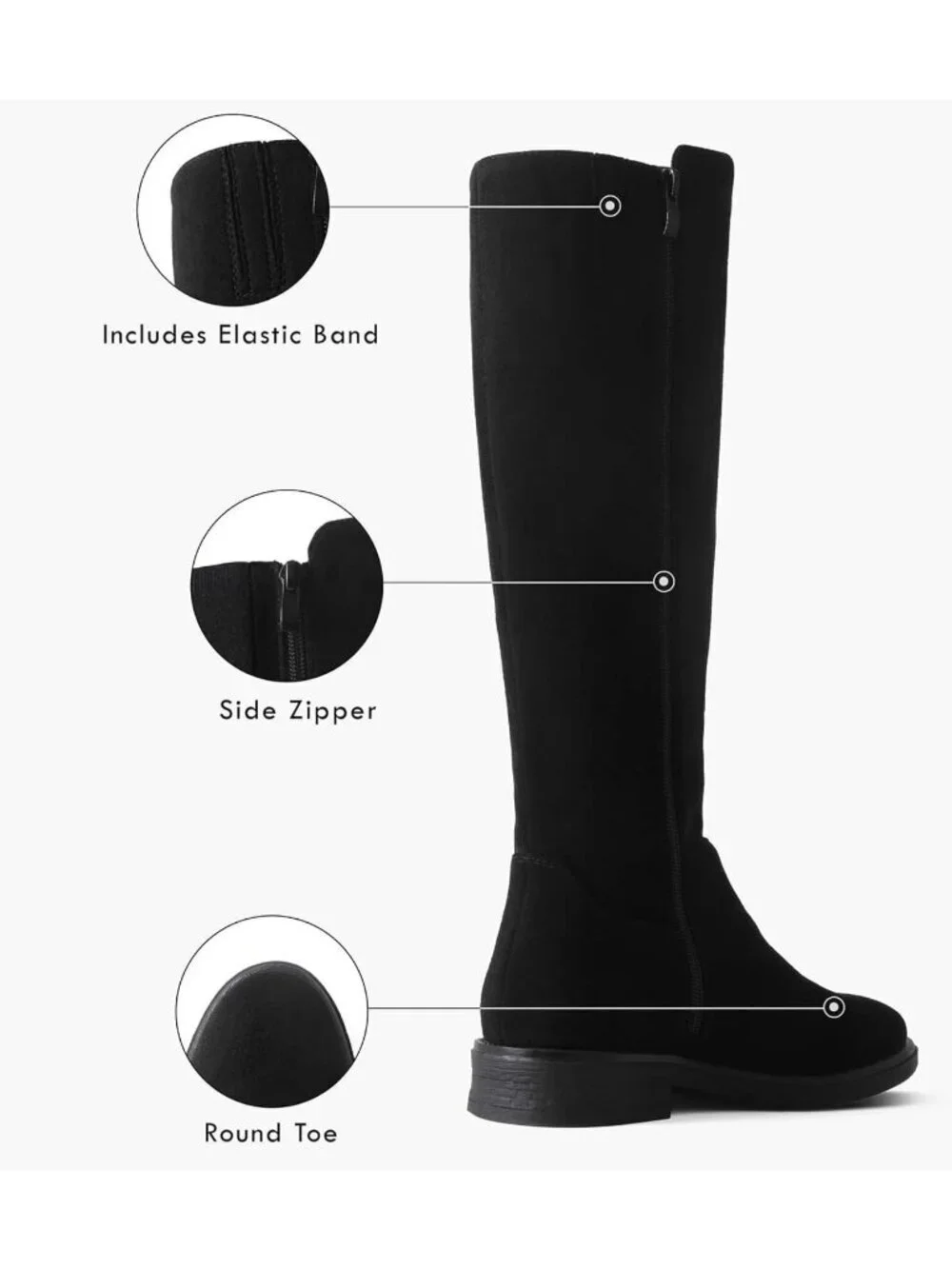 Women's Black  Knee High Boots Flat Low Heel with Side Zipper